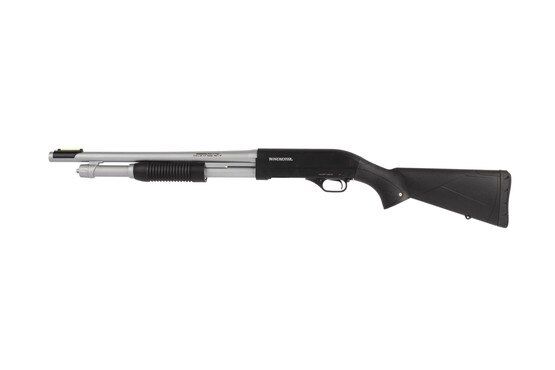 Winchester 12 guage SXP Marine Defender pump action shotgun has a compact 18in hard chromed barrel and fiber optic front sight